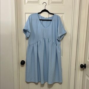 Sky Blue Textured V-Neck Dress